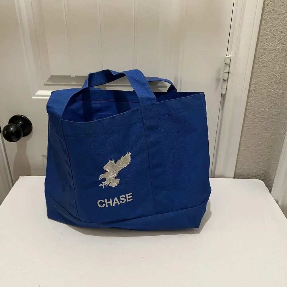 Chase Eagle Bird Blue White Embroidered Canvas Double Handles Tote Bag 11X14